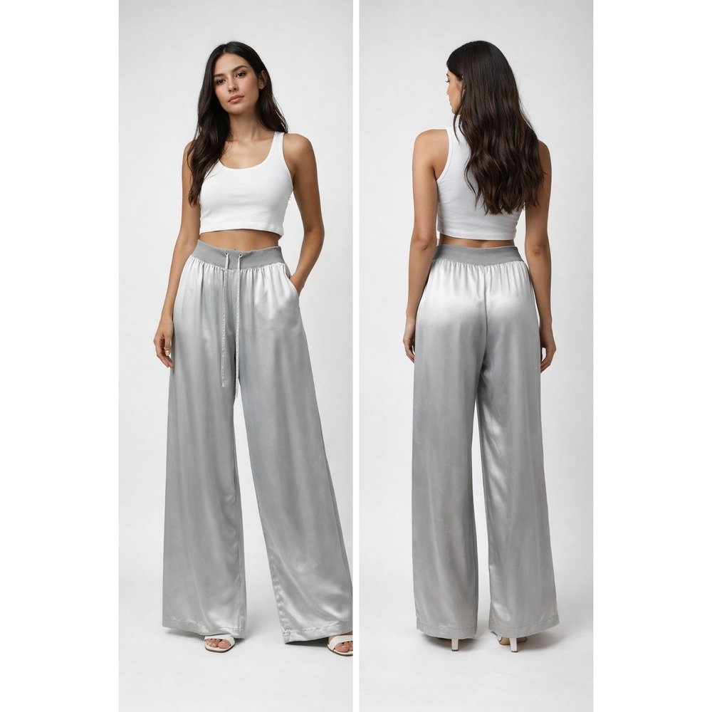 PJ Harlow Jolie Satin Lounge Pants Silver Gray Women XL Wide Leg Quiet Luxury